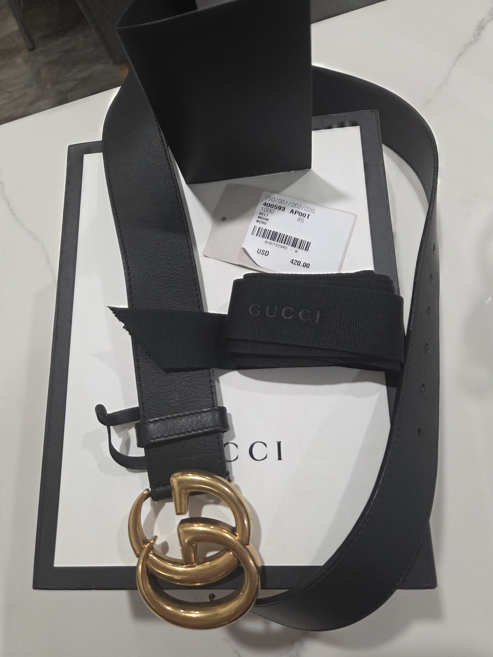 Authentuc Gucci Black Leather Belt with Gold Double G Buckle - Picture 5 of 8